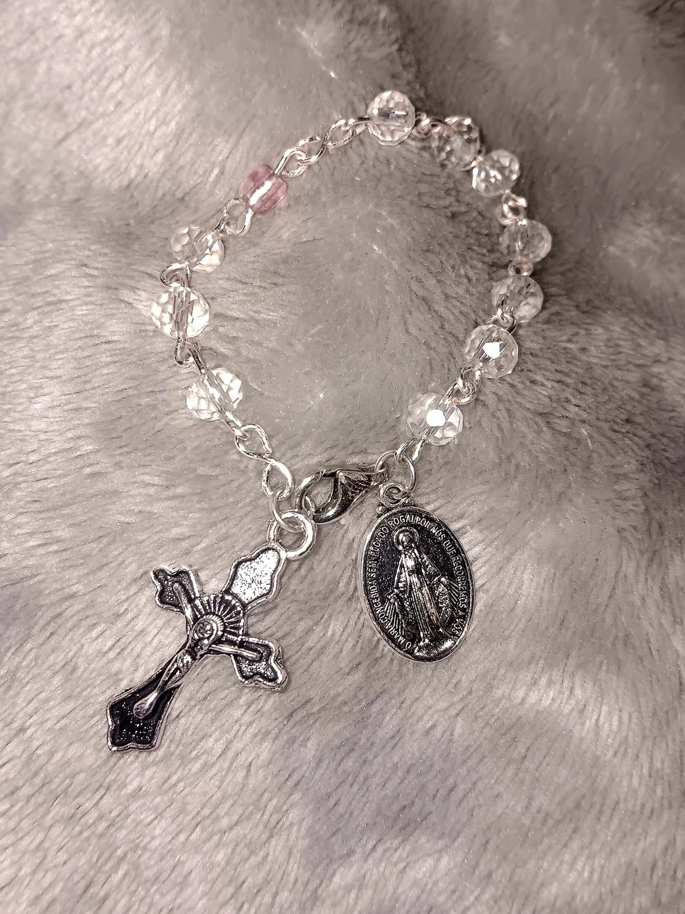Silver-Tone Miraculous Medal and Crucifix Beaded Pocket Rosary - Clear